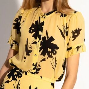 SAMSOE SAMSOE Top Womens Large Yellow Floral Button Up Sheer Short Sleeve Blouse